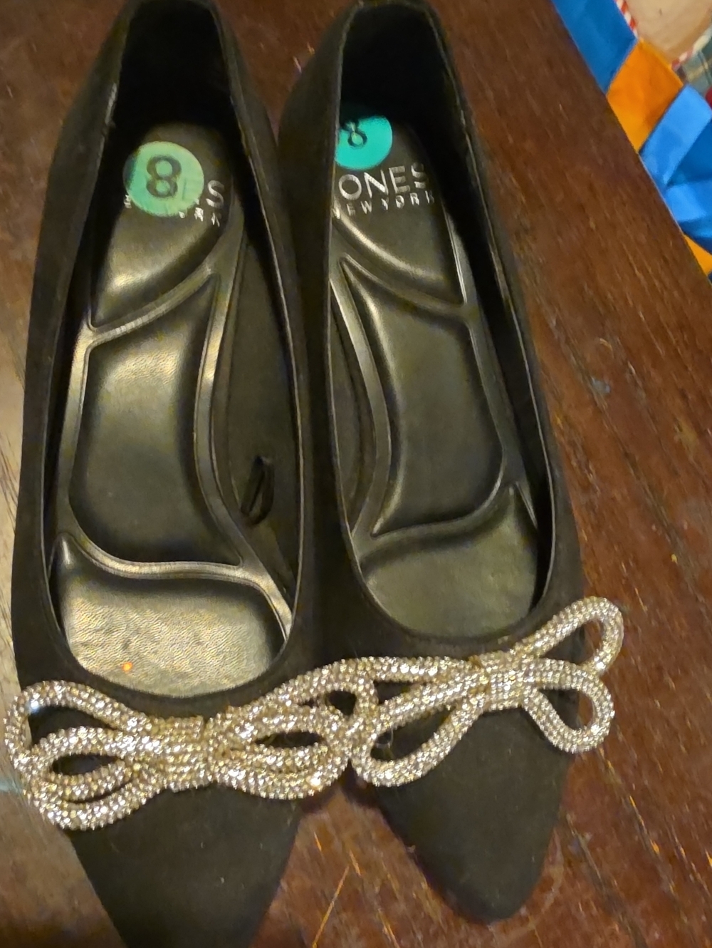 Jones New York Black Pointed-Toe Flats with Rhinestone Bow-